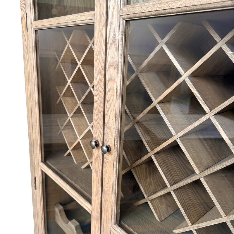 Hamptons Glass Door Display Wine Bar & Drink Cabinet with Storage, Lattice Wine Rack,Glass Holders & Bottle Trays 110cm Wide