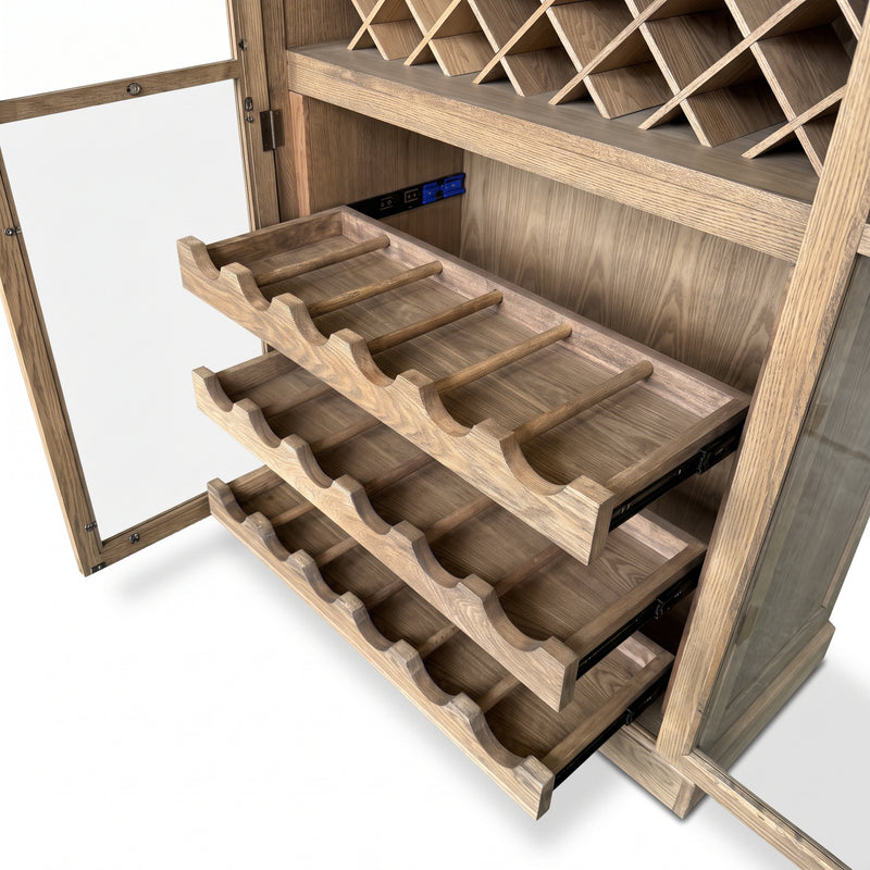 Hamptons Glass Door Display Wine Bar & Drink Cabinet with Storage, Lattice Wine Rack,Glass Holders & Bottle Trays 110cm Wide