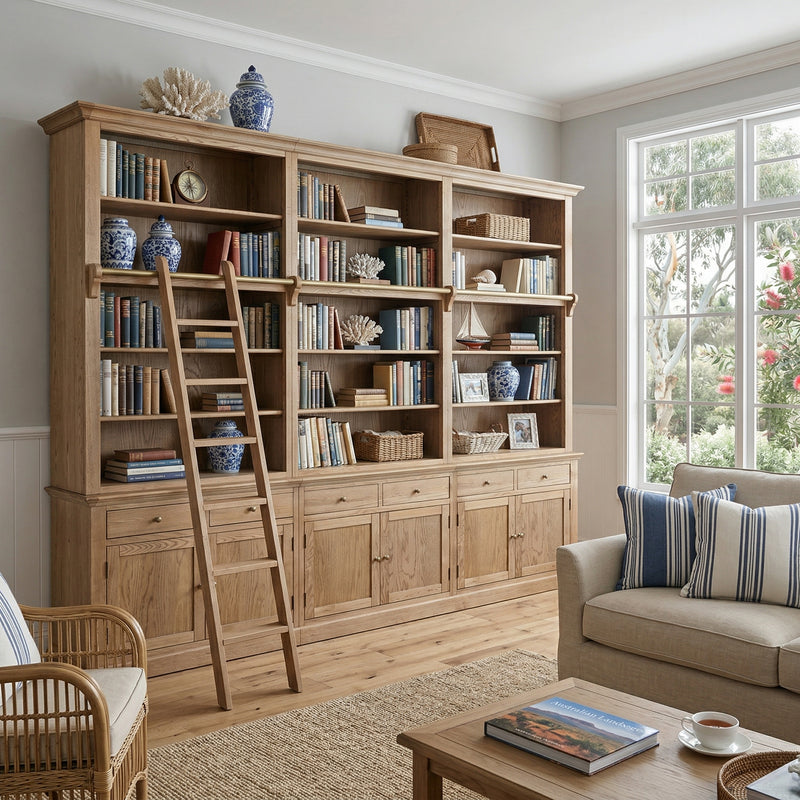 Hamptons Halifax Open Extendable Bookcase with Ladder 250-368cm