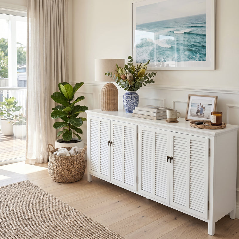Hamptons Louvre 4 Door Hallway Sideboard Buffet Cabinet