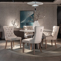 4x Velvet Dining Chairs Upholstered Tufted Kithcen Chair with Solid Wood Legs Stud Trim and Ring-Beige