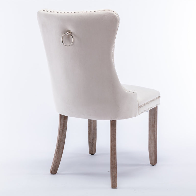 6x Velvet Dining Chairs Upholstered Tufted Kithcen Chair with Solid Wood Legs Stud Trim and Ring-Beige