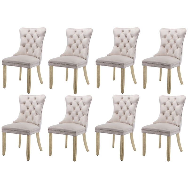 8x Velvet Dining Chairs Upholstered Tufted Kithcen Chair with Solid Wood Legs Stud Trim and Ring-Beige