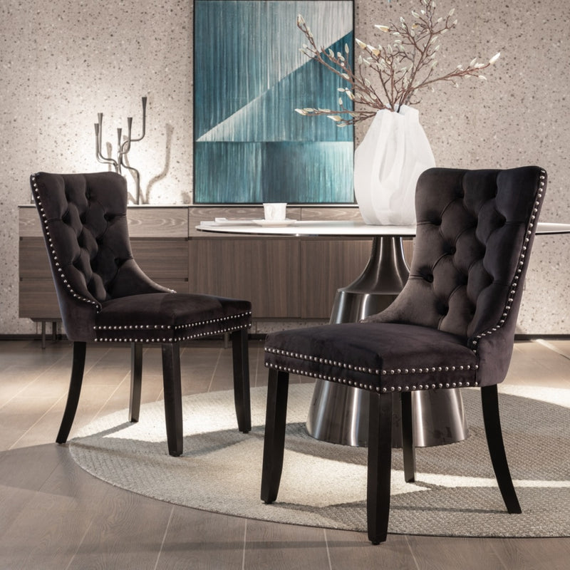 4x Velvet Dining Chairs Upholstered Tufted Kithcen Chair with Solid Wood Legs Stud Trim and Ring-Black