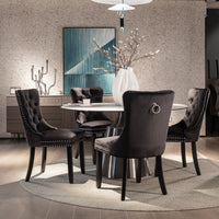 6x Velvet Dining Chairs Upholstered Tufted Kithcen Chair with Solid Wood Legs Stud Trim and Ring-Black