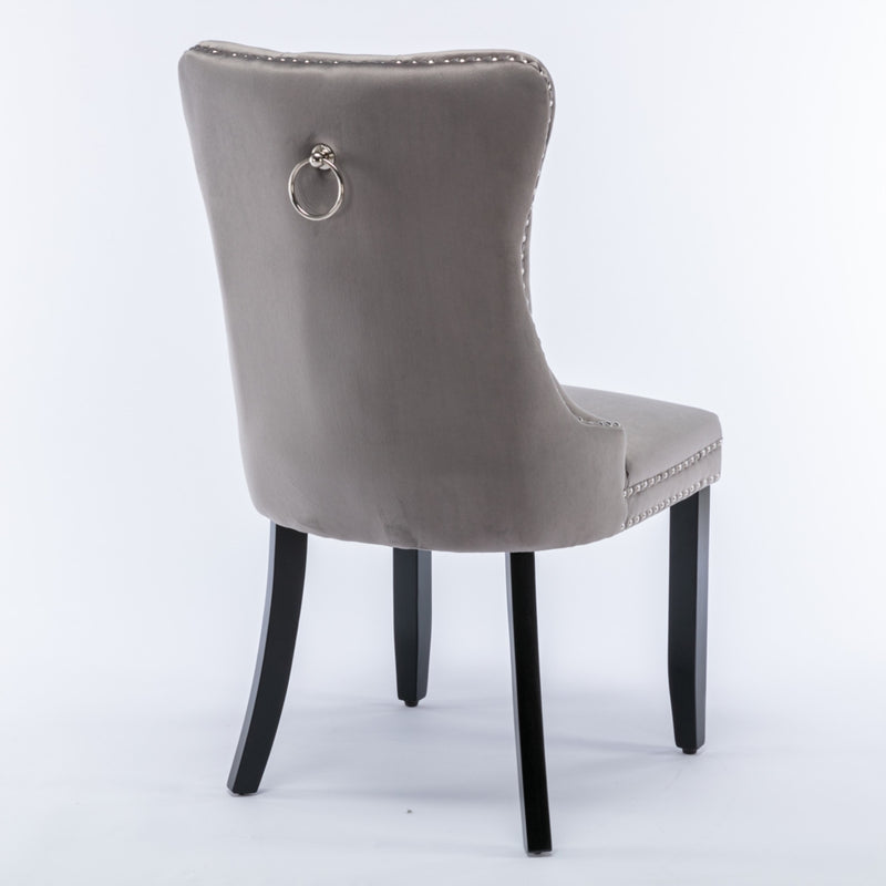 8x Velvet Dining Chairs Upholstered Tufted Kithcen Chair with Solid Wood Legs Stud Trim and Ring-Gray