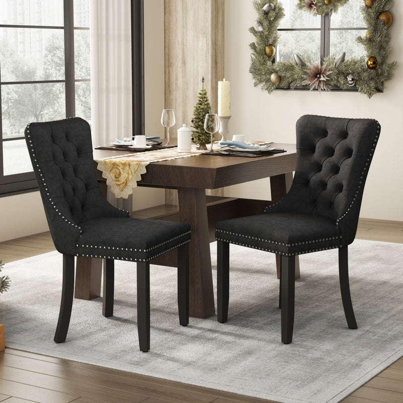 2x Velvet Dining Chairs Upholstered Tufted Kithcen Chair with Solid Wood Legs Stud Trim and Ring-Black