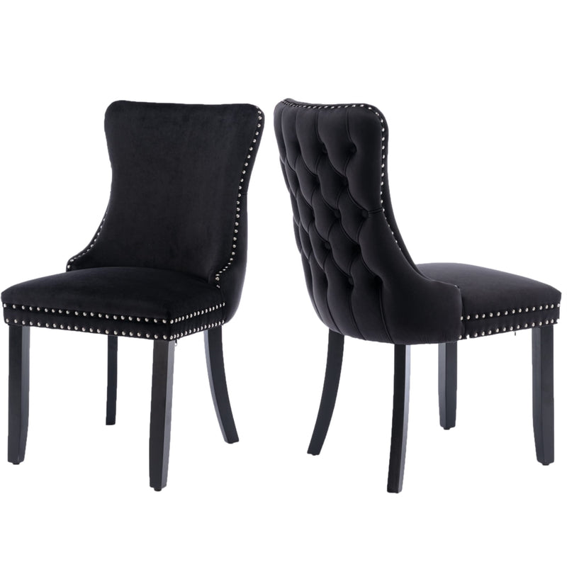 4x Velvet Upholstered Dining Tufted Chairs with Studs Trim and Solid Wood Legs-Black