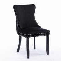 6x Velvet Upholstered Dining Tufted Chairs with Studs Trim and Solid Wood Legs-Black