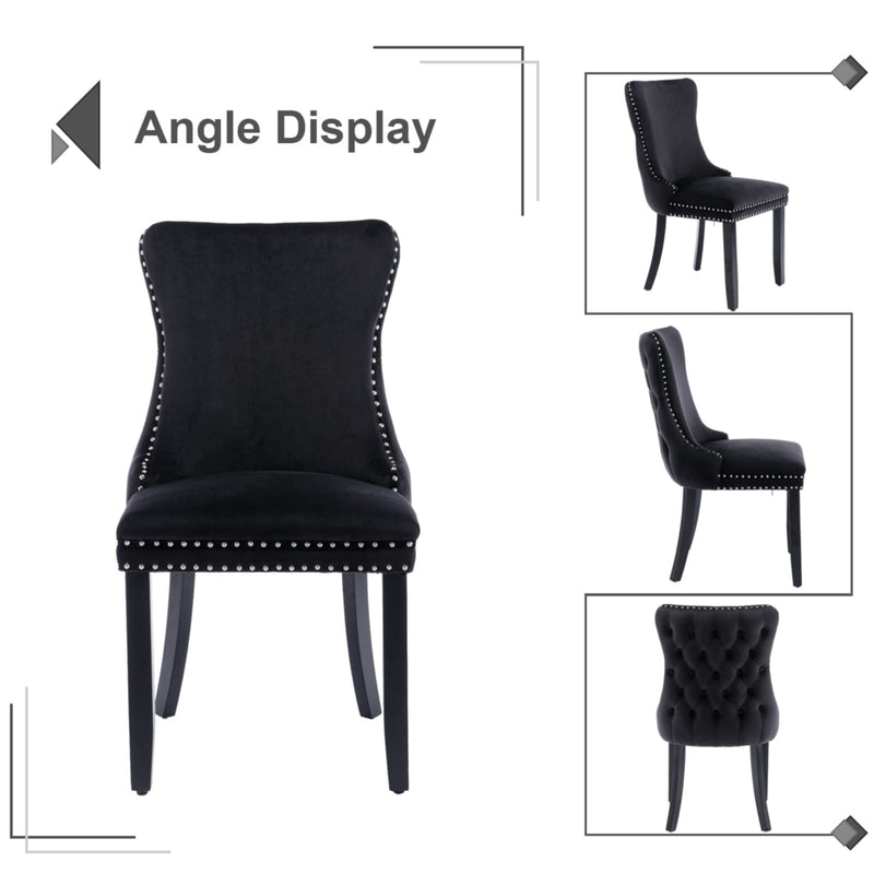 8x Velvet Upholstered Dining Tufted Chairs with Studs Trim and Solid Wood Legs-Black