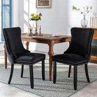 8x Velvet Upholstered Dining Tufted Chairs with Studs Trim and Solid Wood Legs-Black