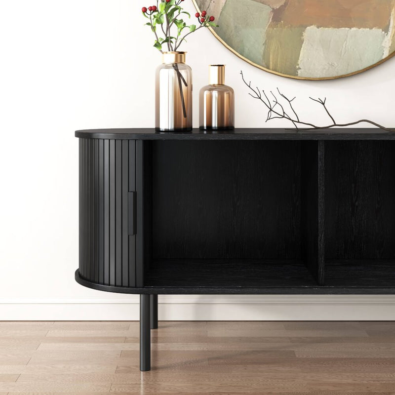 Ribbed Black Sideboard with Sliding Doors