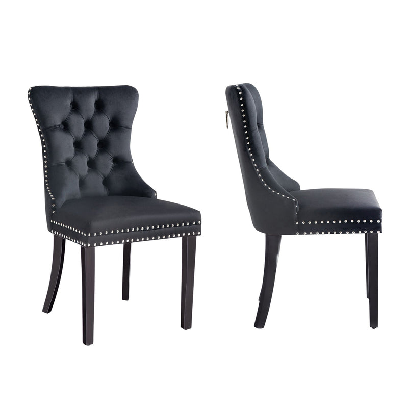 Set of 2 - Alsea Black Velvet & Black Rubberwood Dining Chairs Upholstered Tufted Stud Trim and Ring