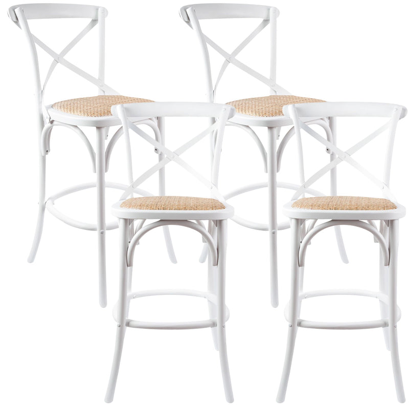 Aster 4pc Crossback Bar Stools Dining Chair Solid Birch Timber Rattan Seat White