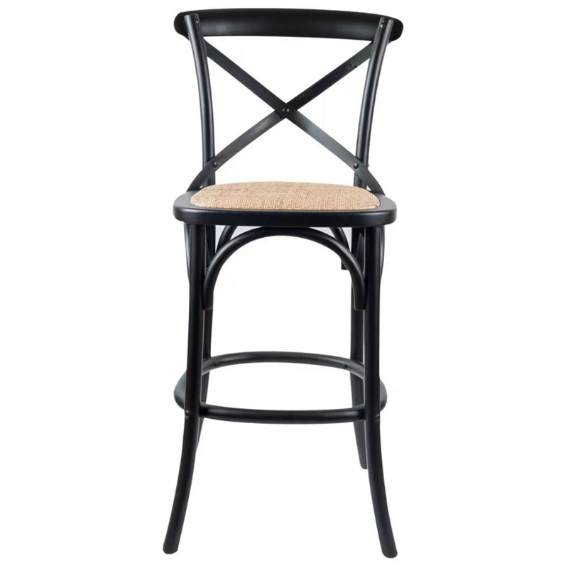 Aster 2pc Crossback Bar Stools Dining Chair Solid Birch Timber Rattan Seat Black