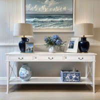 Hamptons Halifax Side Cross 3 Drawers Console Hall Table with Side Pull Out