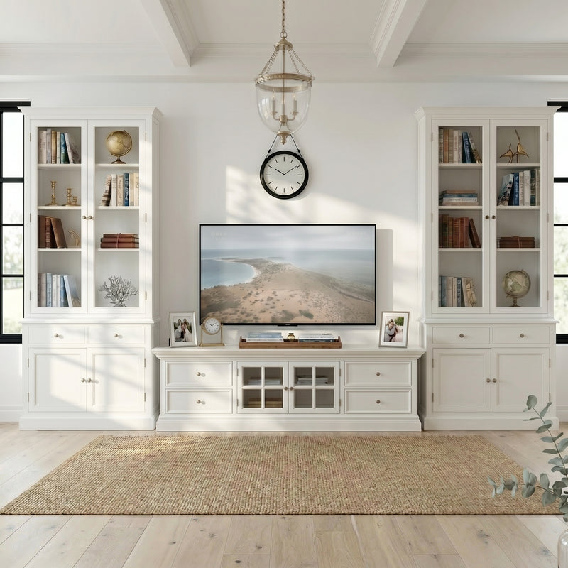 The Hamptons Halifax Estate Collection: 3-Piece Hamptons Living Room Suite - 180cm TV Unit & Twin Glass Cabinet Towers