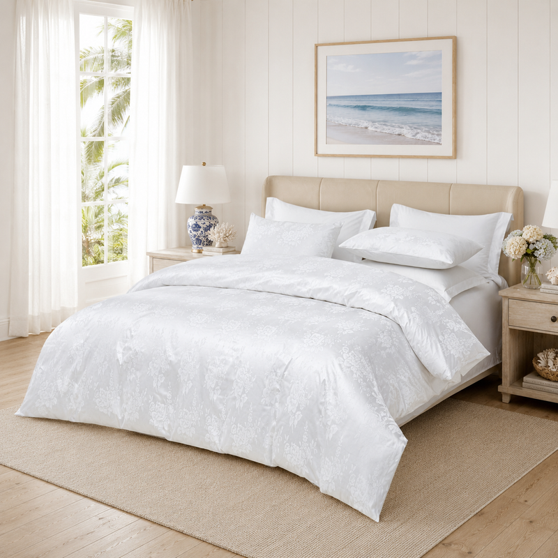 Monalisa Signature 100% Premium Cotton 4-Piece Bedding Set – Floral White Quilt Cover, Flat Sheet & Pillowcases