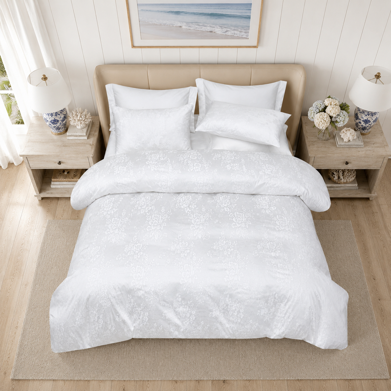Monalisa Signature 100% Premium Cotton 4-Piece Bedding Set – Floral White Quilt Cover, Flat Sheet & Pillowcases