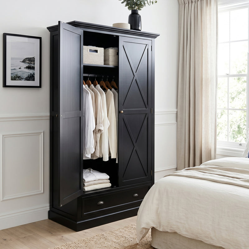 Hamptons Coastal Crossed One Drawer Double Door Wardrobe
