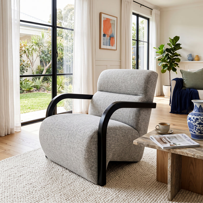 The Mosaic Bouclé Lounge Armchair with Black / Natural Frame in French Mist Grey / Toasted Oatmeal / Butter Cream