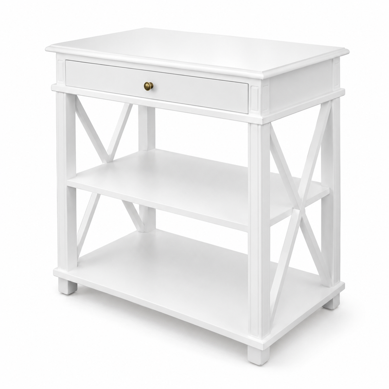 Hamptons Coastal Cross 1 Drawer Bedside Table with Shelf