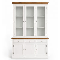 Hamptons Coastal Hutch and Buffet Tempered Glass Display Cabinet with 3 Drawers in WHITE