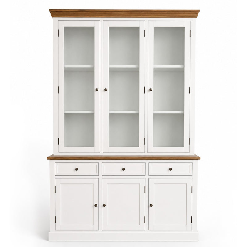 Hamptons Coastal Hutch and Buffet Tempered Glass Display Cabinet with 3 Drawers in WHITE
