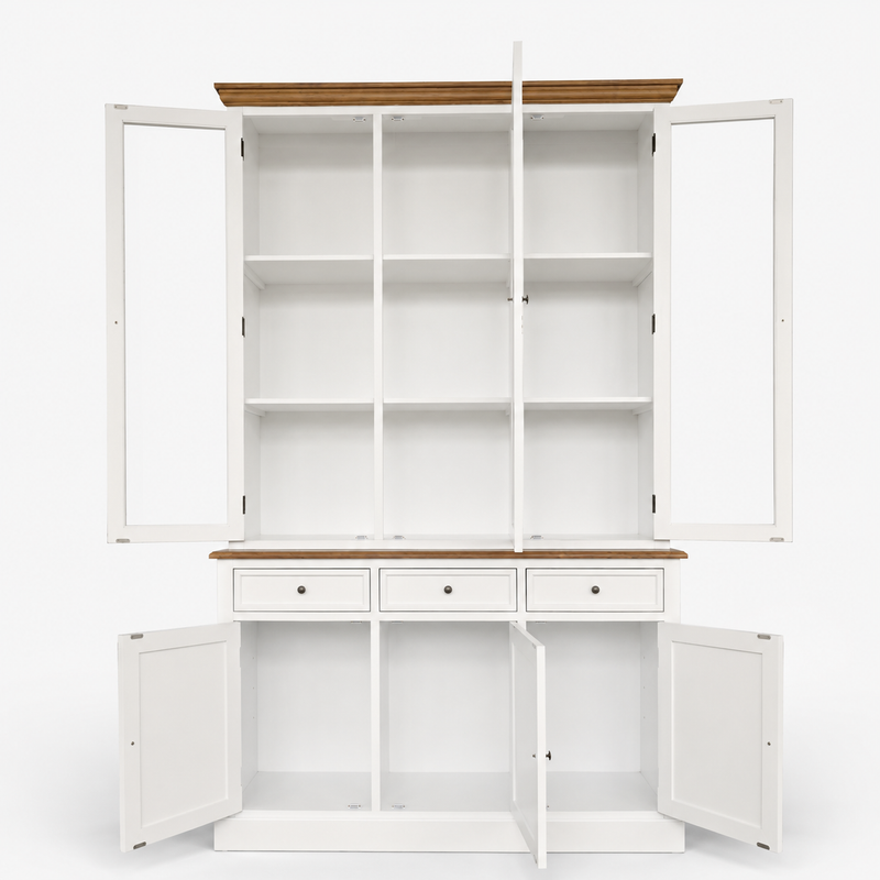 Hamptons Coastal Hutch and Buffet Tempered Glass Display Cabinet with 3 Drawers in WHITE