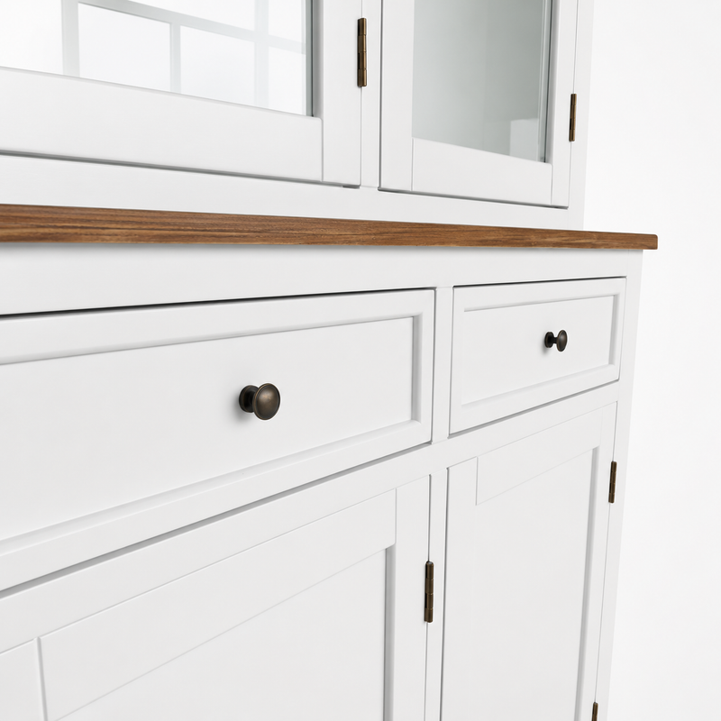 Hamptons Coastal Hutch and Buffet Tempered Glass Display Cabinet with 3 Drawers in WHITE
