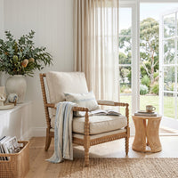 Hamptons Coastal Bobbin Linen and Timber Armchair