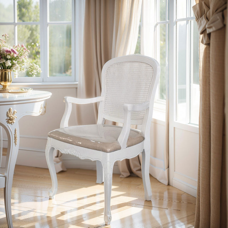 French Provincial Louis White Rattan Dining ArmChair