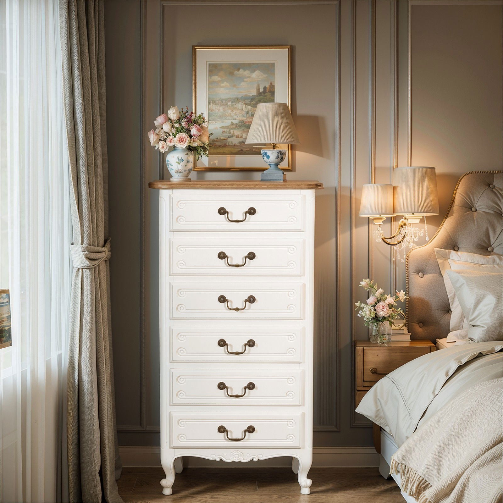 Drawer☆ベルベティーンパンツ オフホワイト French Provincial Louis 6 Drawer Tallboy Cabinet | La Joie Living