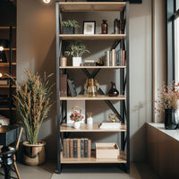 Industrial Detroit 5 Tier Natural Oak & Iron Frame Open Cross Back Display Bookcase