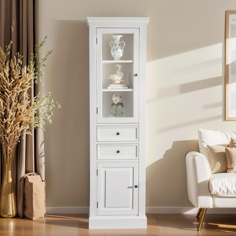 Hamptons Coastal Tall Glass Door 2 Drawer Cabinet