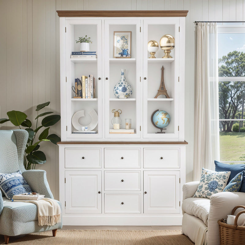 Hamptons Coastal Hutch and Buffet 5 Drawer Glass Display Cabinet