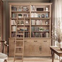 Hamptons Coastal Natural Ash Open Double Buffet and Hutch Bookcase with Ladder