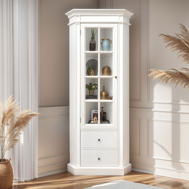 Hamptons Coastal L-Shape Corner Glass Door Display Cabinet