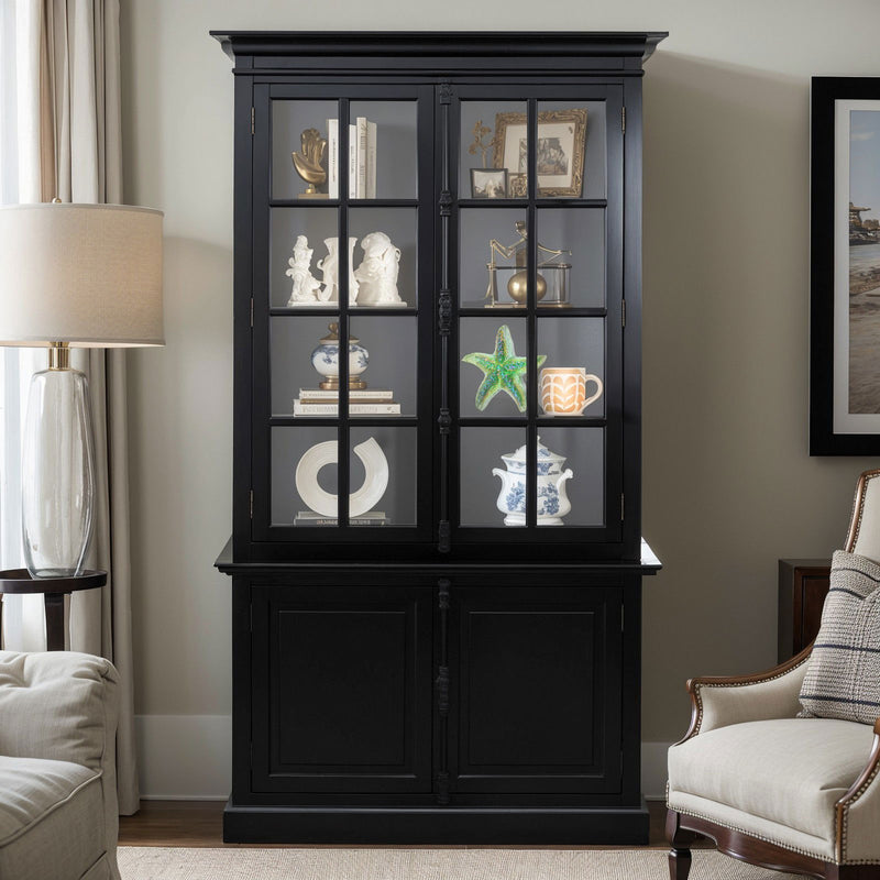 French Provincial Casement Double Glass Door Display Buffet and Hutch Cabinet Bookcase