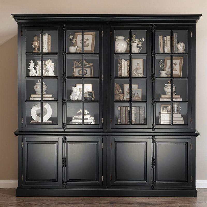 French Provincial Casement Double Glass Door Display Buffet and Hutch Cabinet Bookcase