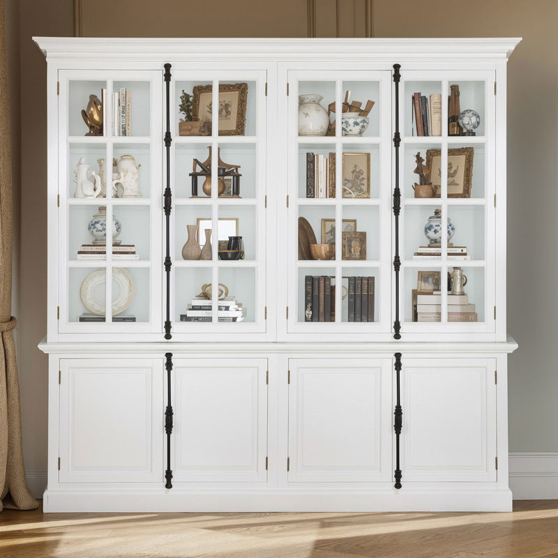 French Provincial Casement Double Glass Door Display Buffet and Hutch Cabinet Bookcase