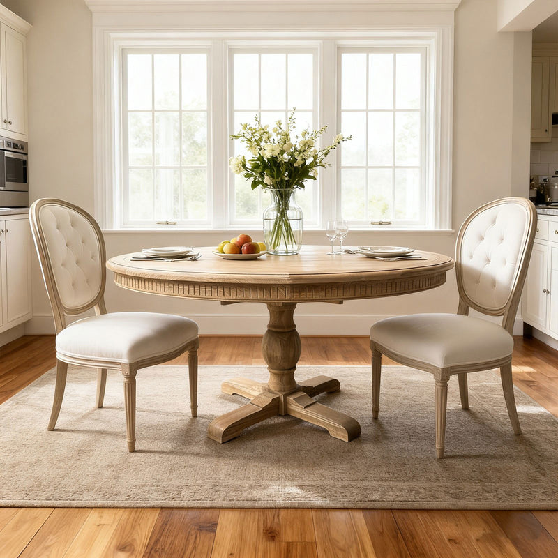 Hamptons Round Dining Table with Dentil Molding in Natural Ash Pedestal Base150cm-190cm
