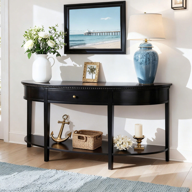 Hamptons Coastal Half-Moon Curve Hallway Console Table Dentil Molding Design