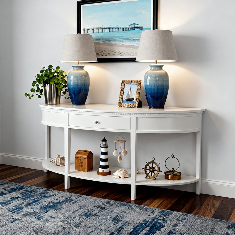 Hamptons Coastal Half-Moon Curve Hallway Console Table Dentil Molding Design
