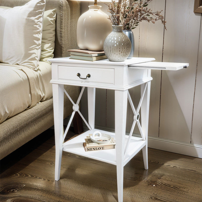 Hamptons Coastal Cross Bedside Table with Pull Out Shelf