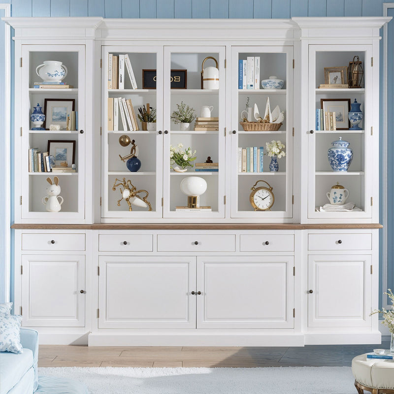 Hamptons Sorrento Buffet Sideboard Glass Doors Hutch Bookcase