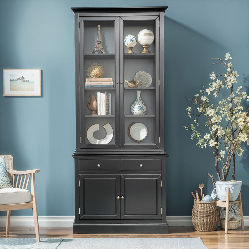 Hamptons Halifax 2 Glass Door Hutch Display and Buffet Cabinet Bookcase Cupboard