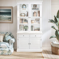 Hamptons Louvre 2 Glass Door Hutch Display and Buffet Cabinet Bookcase Cupboard