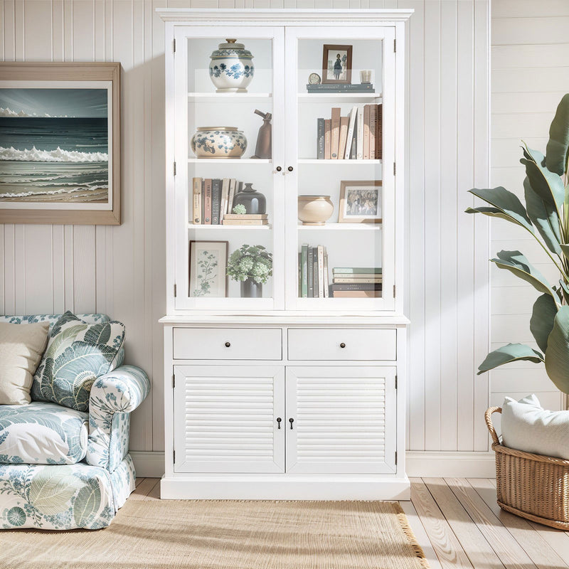 Hamptons Louvre 2 Glass Door Hutch Display and Buffet Cabinet Bookcase Cupboard
