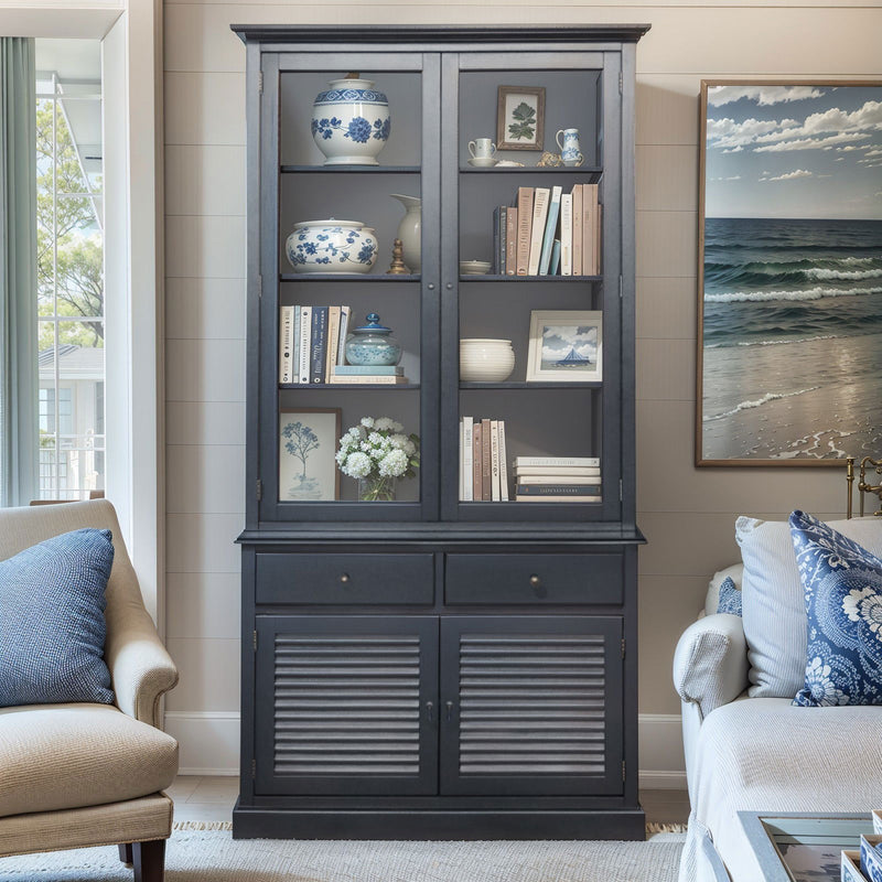 Hamptons Louvre 2 Glass Door Hutch Display and Buffet Cabinet Bookcase Cupboard